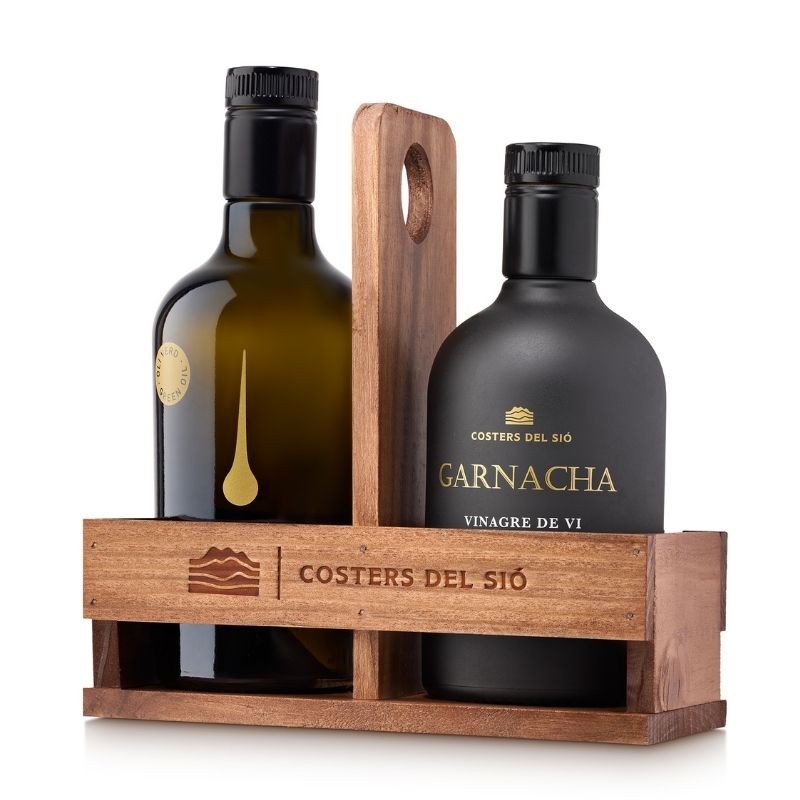 Conjunto de Aceite de Oliva Virgen Premium y Vinagre de Vino con Soporte de Madera